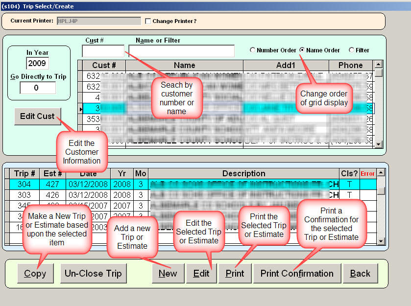 Charter Bus System Trip Select/Create input form